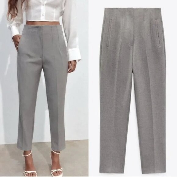 ZARA Women’s Grey High-Waist Tapered Leg Pleated Pants | Size L - Picture 1 of 5